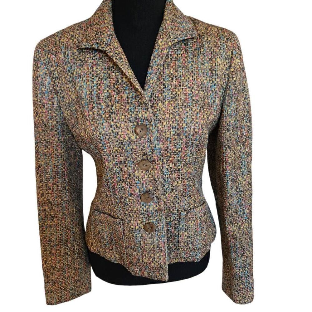 Jones New York Womens Button Front Tweed Fitted Blazer Jacket Multicolor Size 4